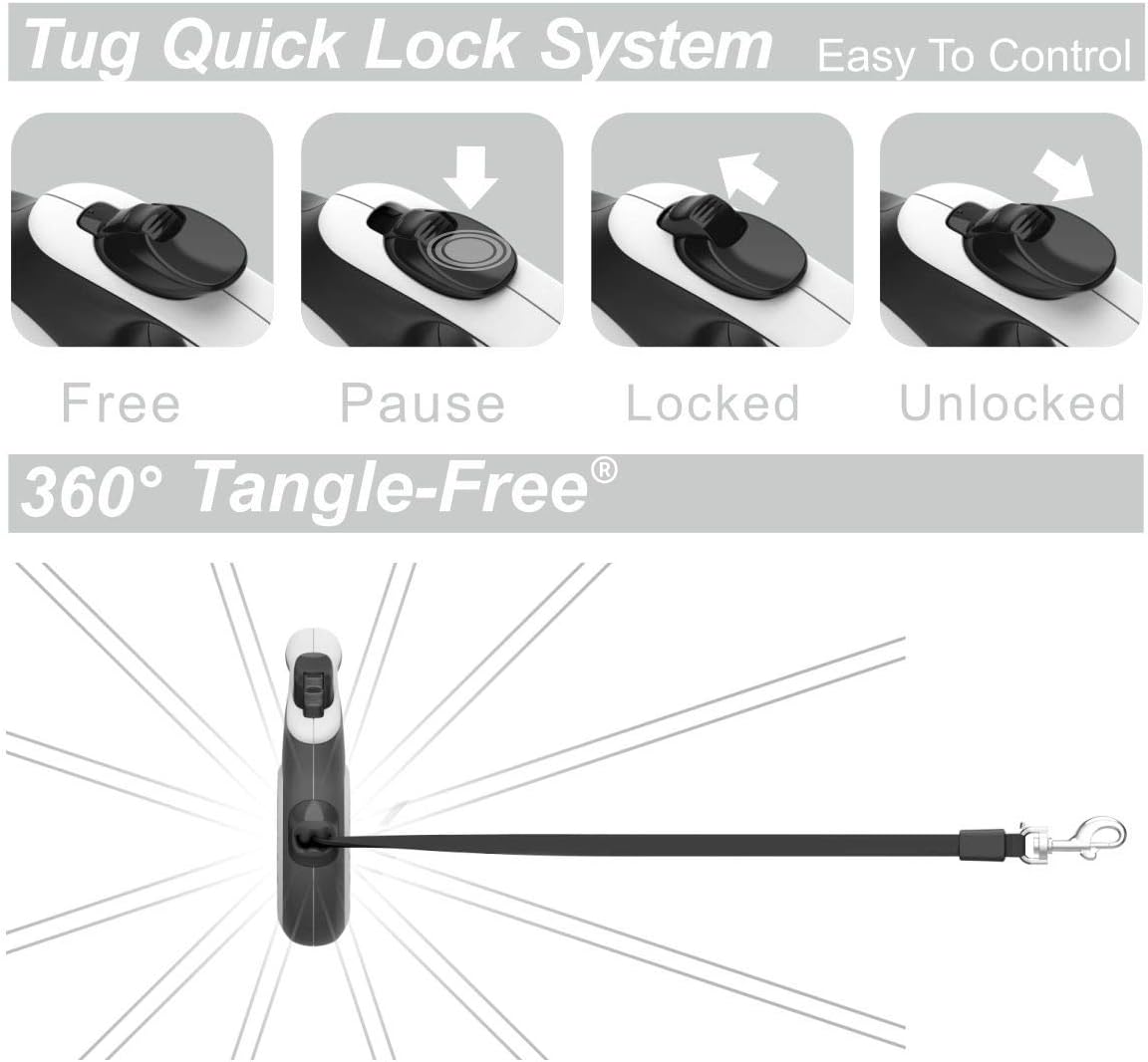 Detalle de TUG 360° Tangle-Free Retractable Dog Leash (Medium, White) — 16 ft Nylon Tape with One-Handed Brake, Pause & Lock