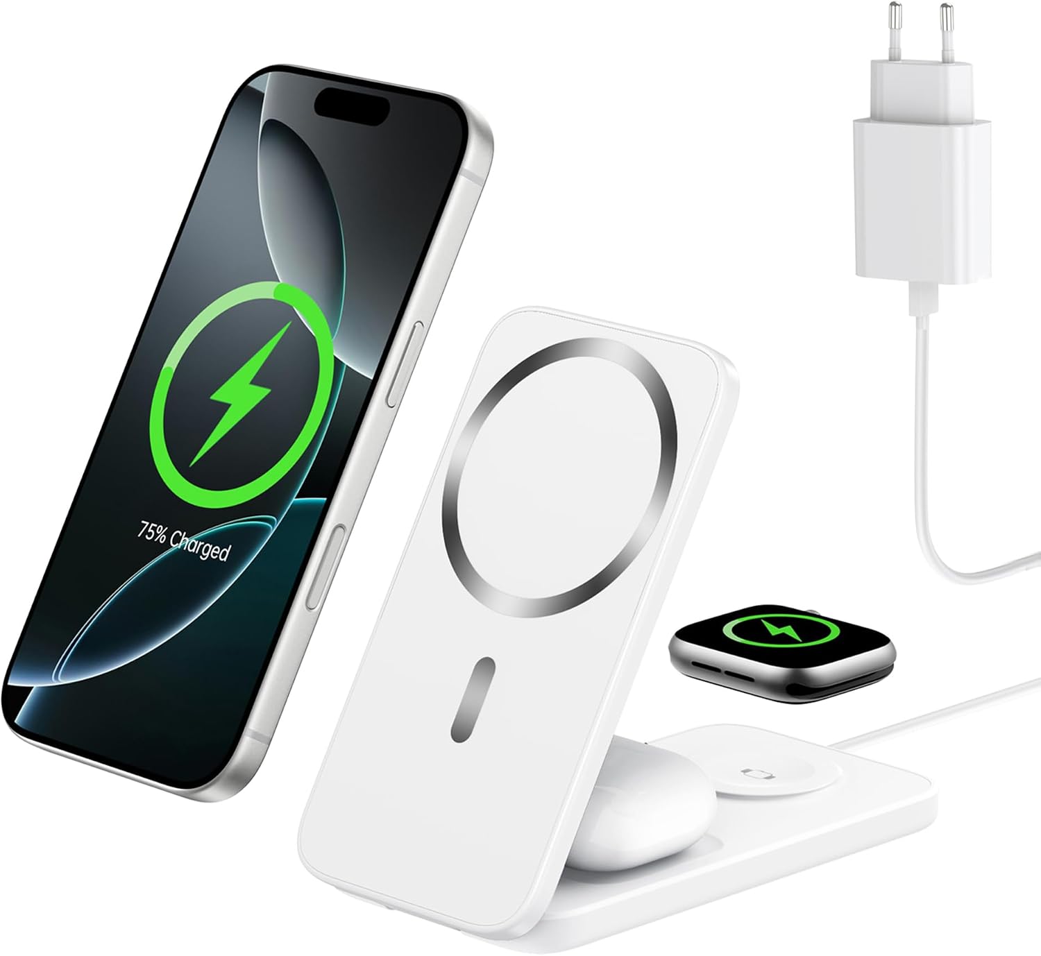 Imagen de Caricatore Wireless 3 in 1 MagSafe pieghevole da 15W: ricarica simultanea per iPhone, Apple Watch e AirPods en OfertitasTOP