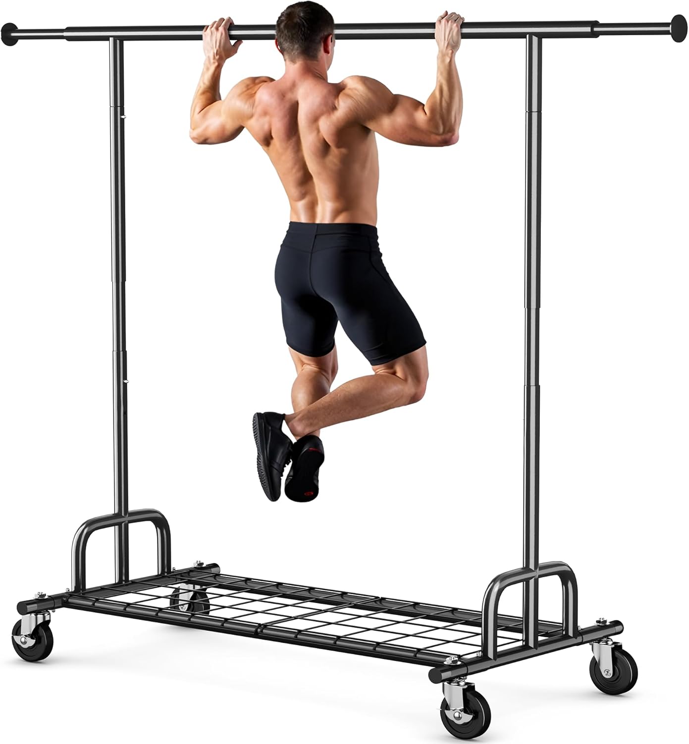 Detalle de HOKEEPER Heavy Duty Clothes Rail 238kg Capacity — Extendable, Locking Wheels and Bottom Shelf