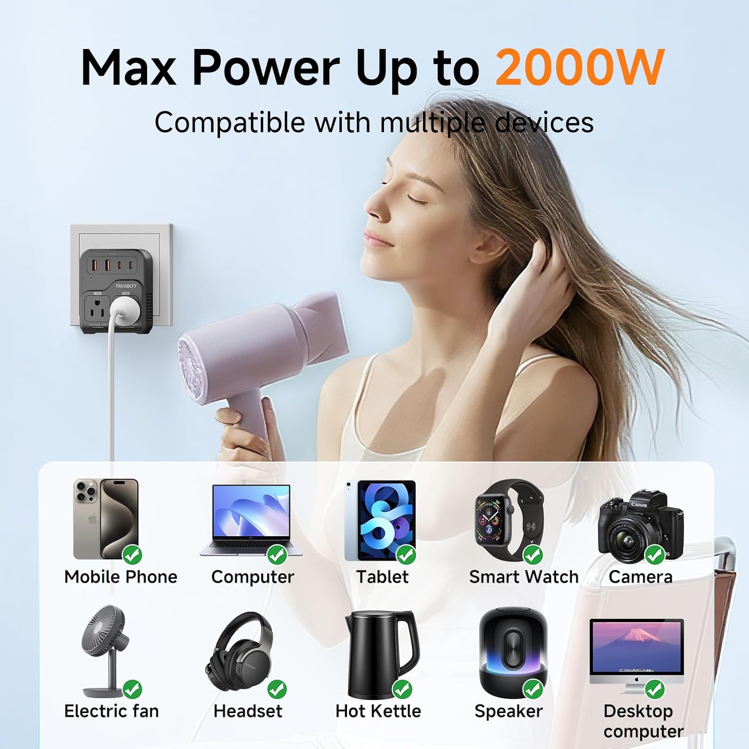 Detalle de 2000W US-to-Europe Voltage Converter & 7-in-1 Travel Adapter