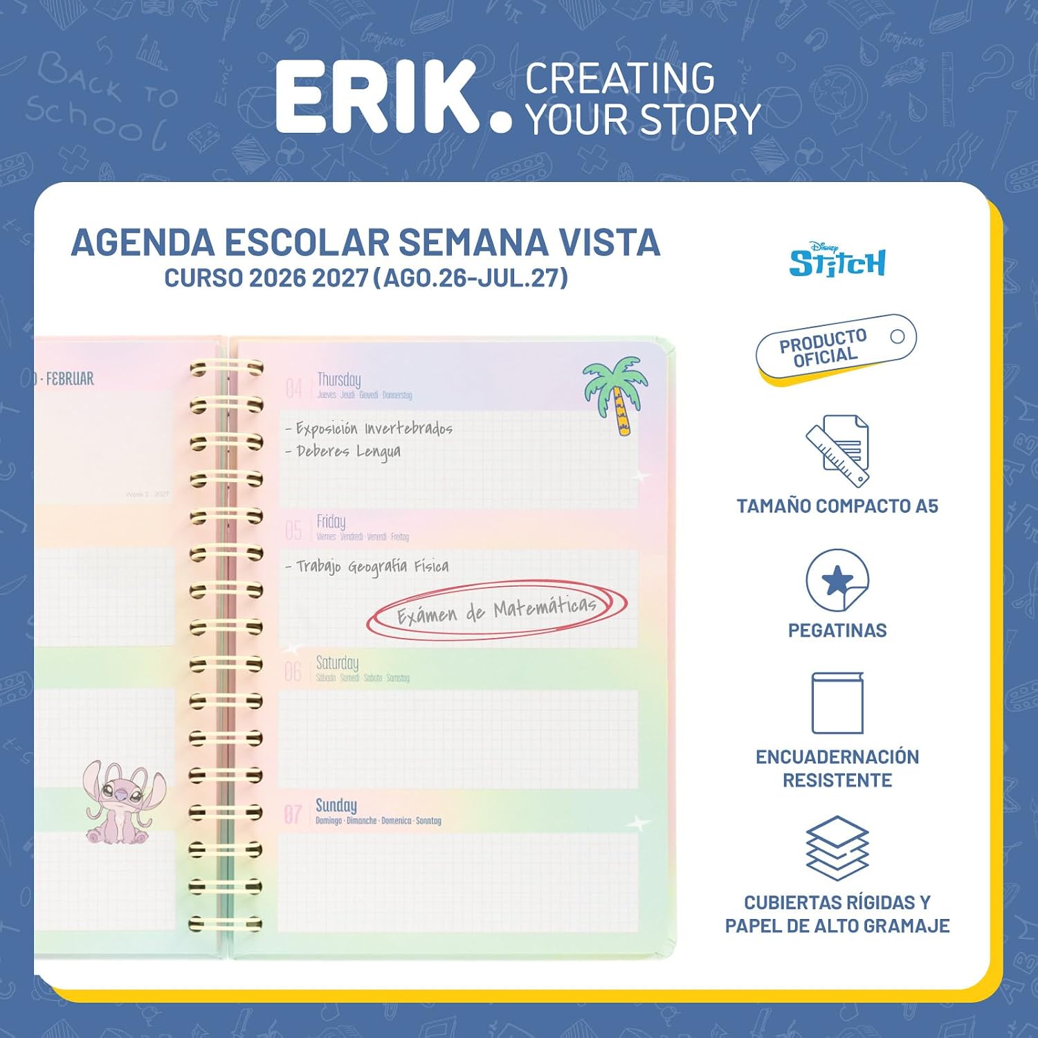 Detalle de Grupo Erik Agenda Stitch 2026/2027 Semana Vista: organización divertida para el nuevo curso