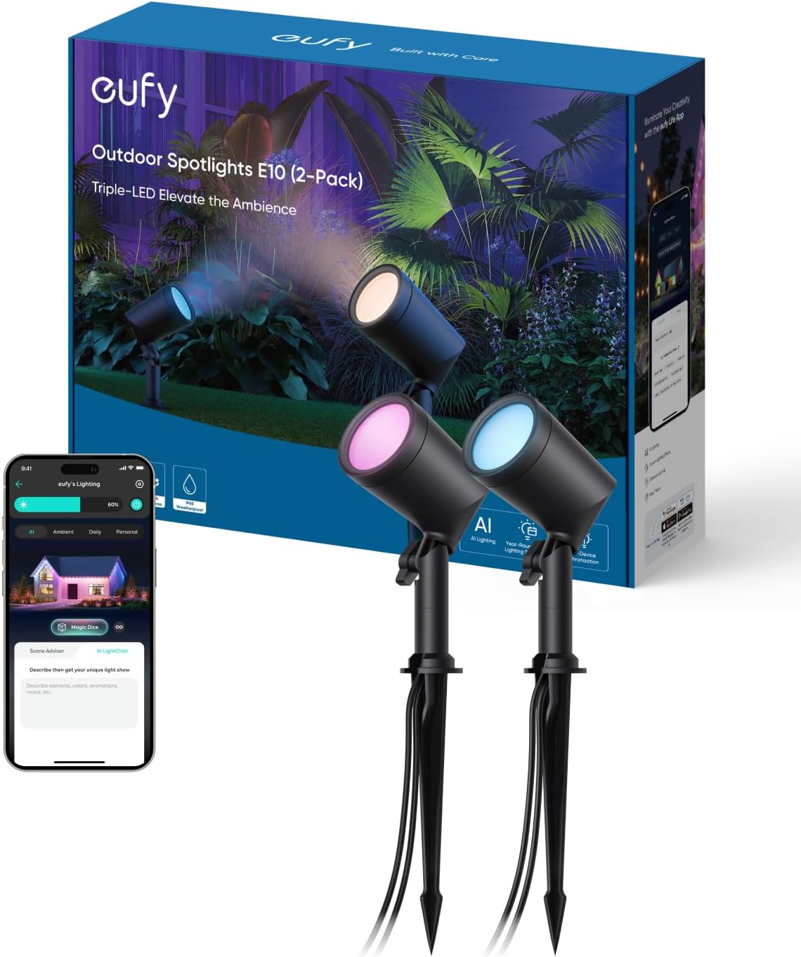 Detalle de eufy E10 (T8L20) Outdoor Spotlights, 2-Pack, RGBWW, 500 lm, IP65
