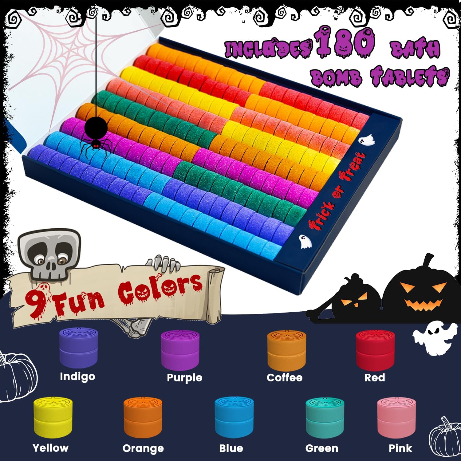 Detalle 2 de Suyfeifan Halloween Bath Colour Tablets, 180-Pack, 9 Colours, Grape Scent