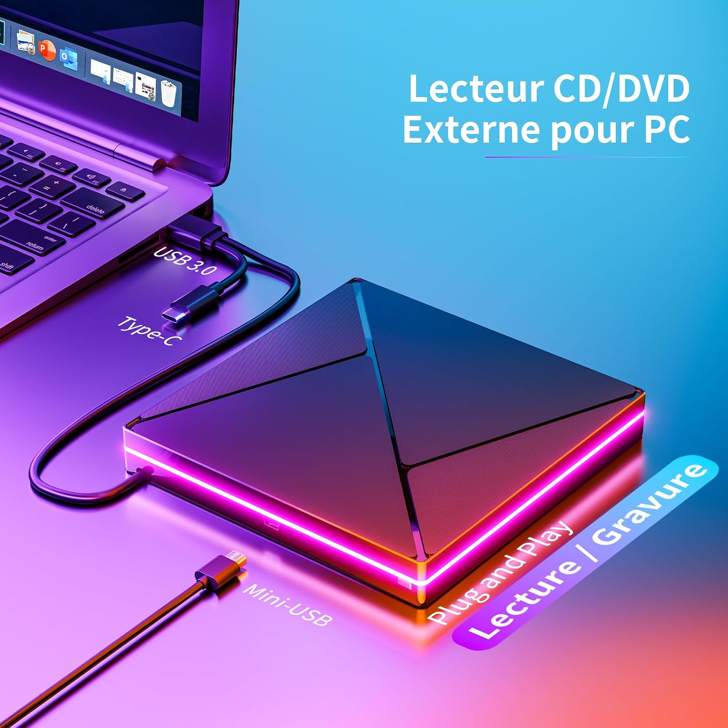 Detalle de Lecteur CD/DVD Externe USB 3.0 / USB-C avec RGB – Graveur Portable