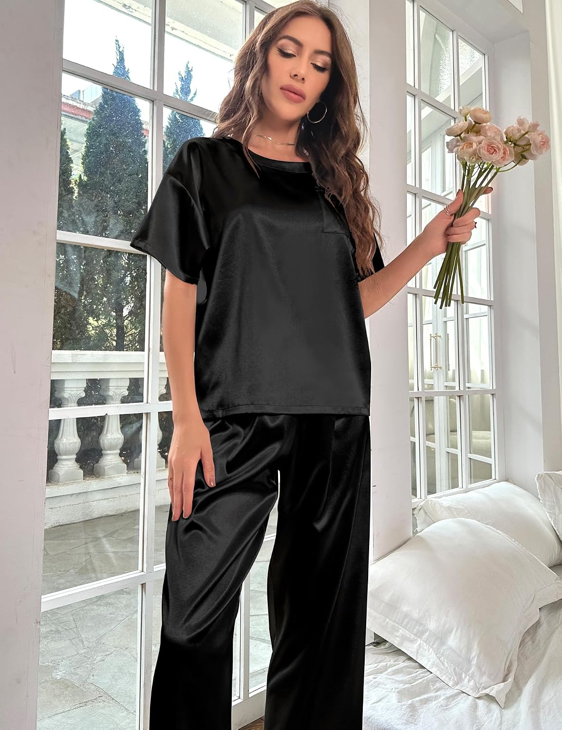 Thumbnail 2 de HANERDUN Damen Satin Pyjama Set Kurzarm