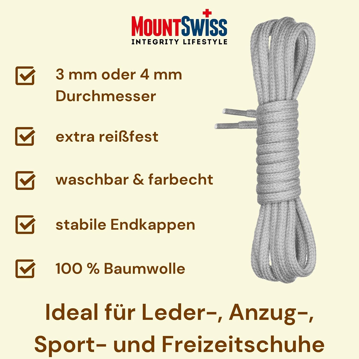 Thumbnail 1 de Lacets ronds Mount Swiss en coton 100% naturel (diamètre 3 à 4 mm), longueurs 45 à 200 cm