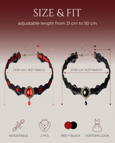 Detalle de KACZUS Collane choker in pizzo nero e rosso, set da 2 con pendente