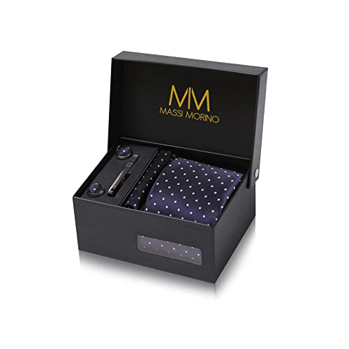 Detalle de Massi Morino Set de Corbata Azul Marino con Pañuelo y Accesorios 5 en 1 para Hombre