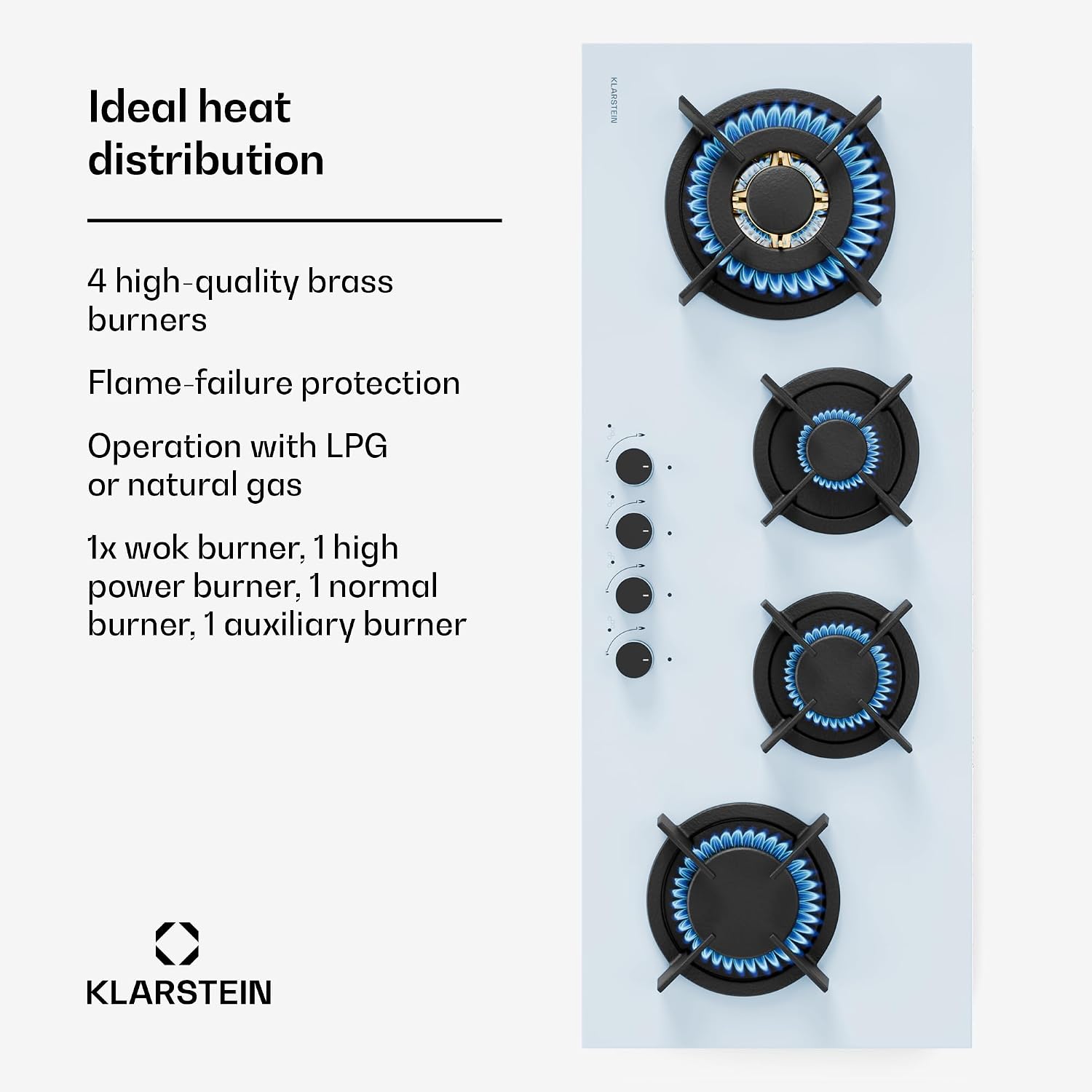 Detalle de Klarstein CP11-KL-GF-90Slm-Wh Goldflame 4 Slim Gas Hob, 90cm, White