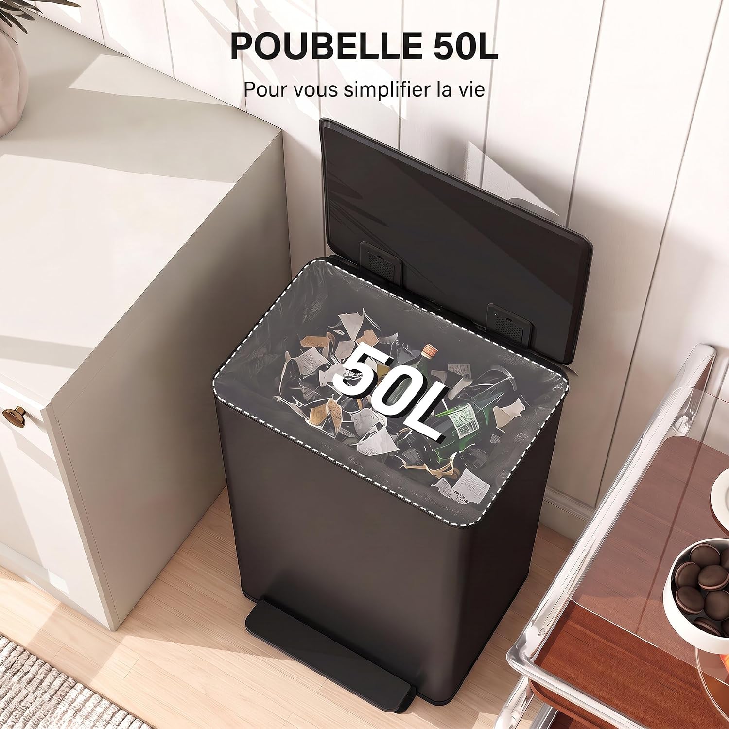 Detalle de HOMCOM 851-058V00BK pedaalemmer 50 l, zwart roestvrij staal met soft-close