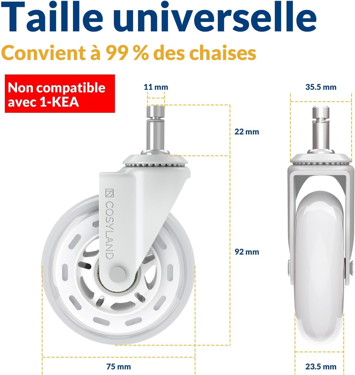 Detalle 2 de COSYLAND Roulette Chaise Bureau 5PCS 11x22mm – Roues silencieuses, capacité 300 kg, glisse fluide à 360°