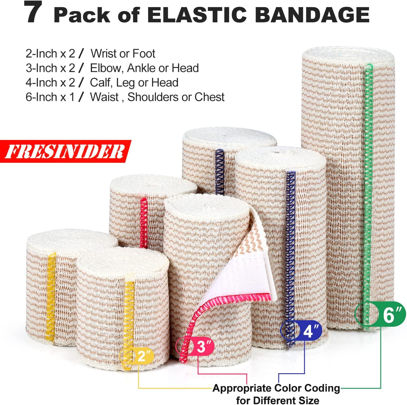 Detalle 2 de FRESINIDER 7-Pack Elastic Bandage Wrap Set, 2-, 3-, 4- & 6-Inch Cotton