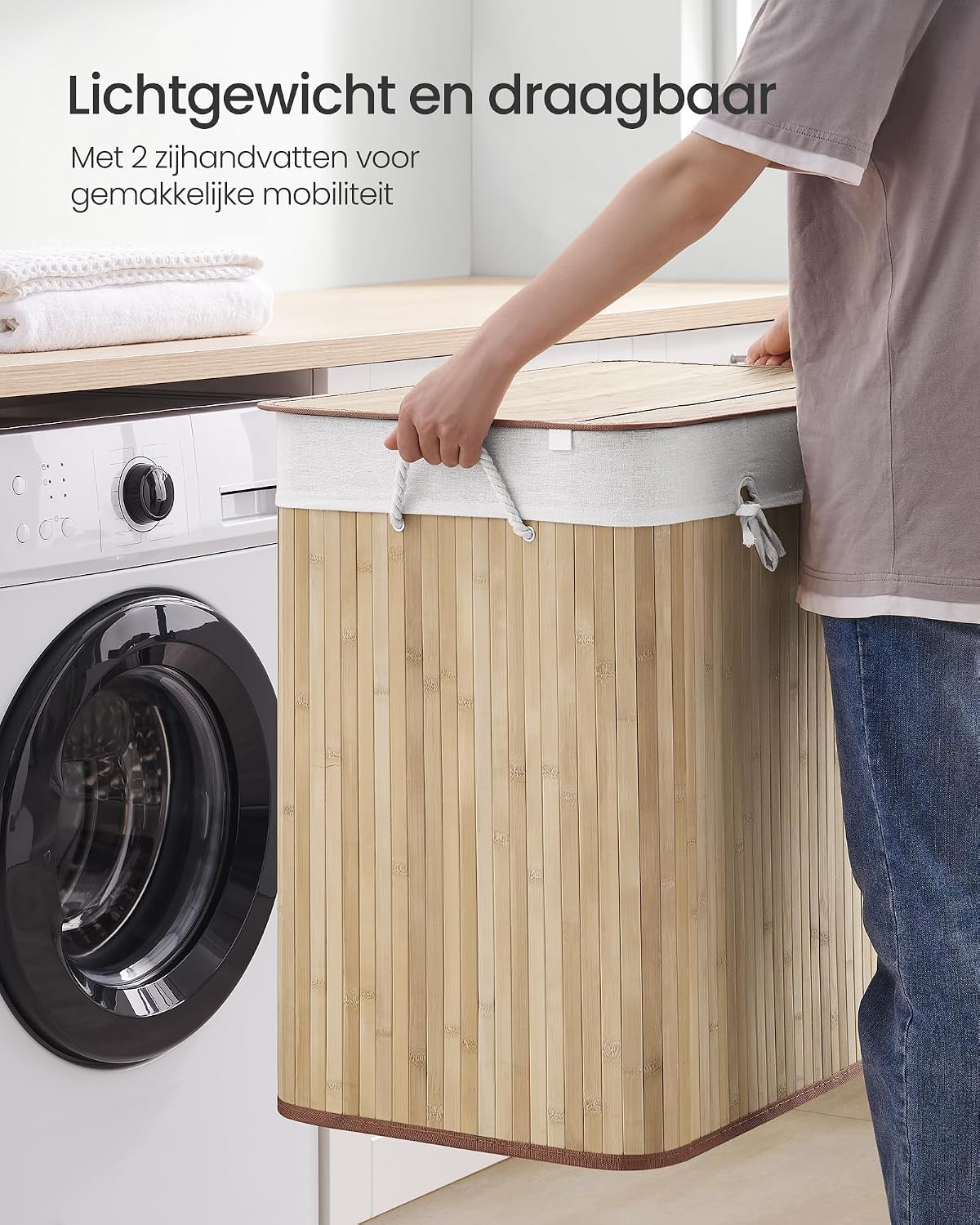 Detalle de SONGMICS RONEX Collection LCB091N01 wasmand 150 liter met 3 vakken en bamboe