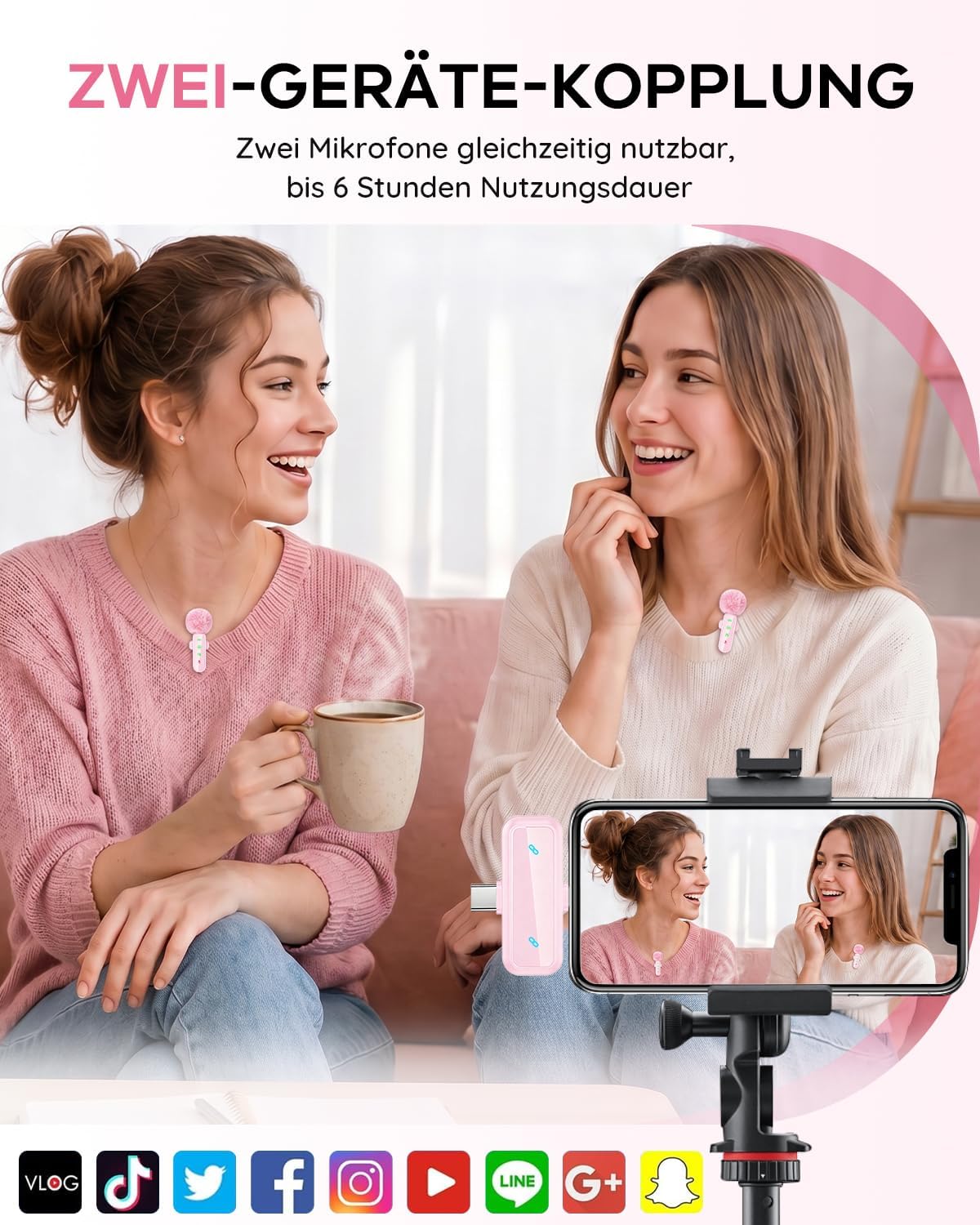 Detalle de Bayanbulu Kabelloses Lavalier-Mikrofon für iPhone, iPad und Android – Rosa