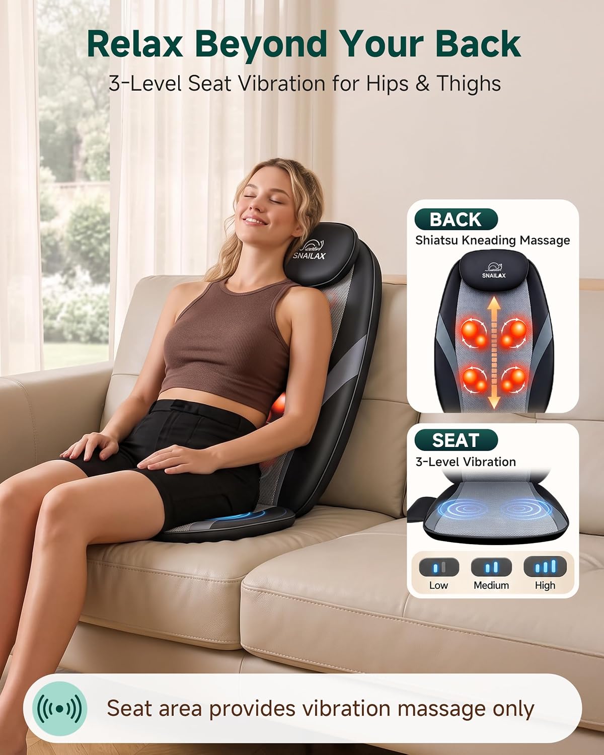 Detalle de Snailax 2026 Upgraded Shiatsu Roller Back Massager with Heat — Deep Tissue Chair Pad for Home or Office