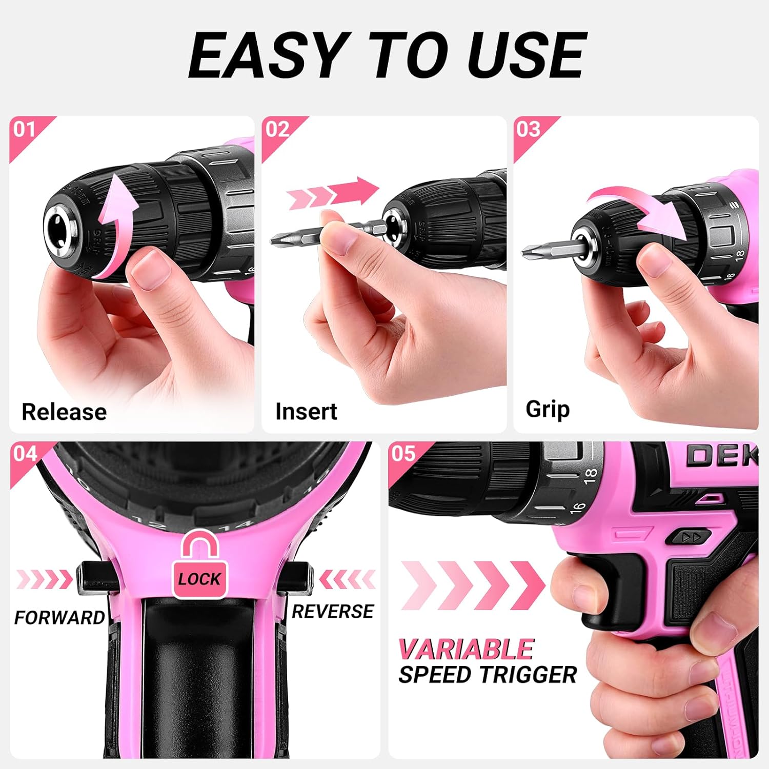 Thumbnail 6 de DEKOPRO Akkuschrauber Set 2 Akkus – 60 Min Schnellladung, 40 Nm, LED, rosa