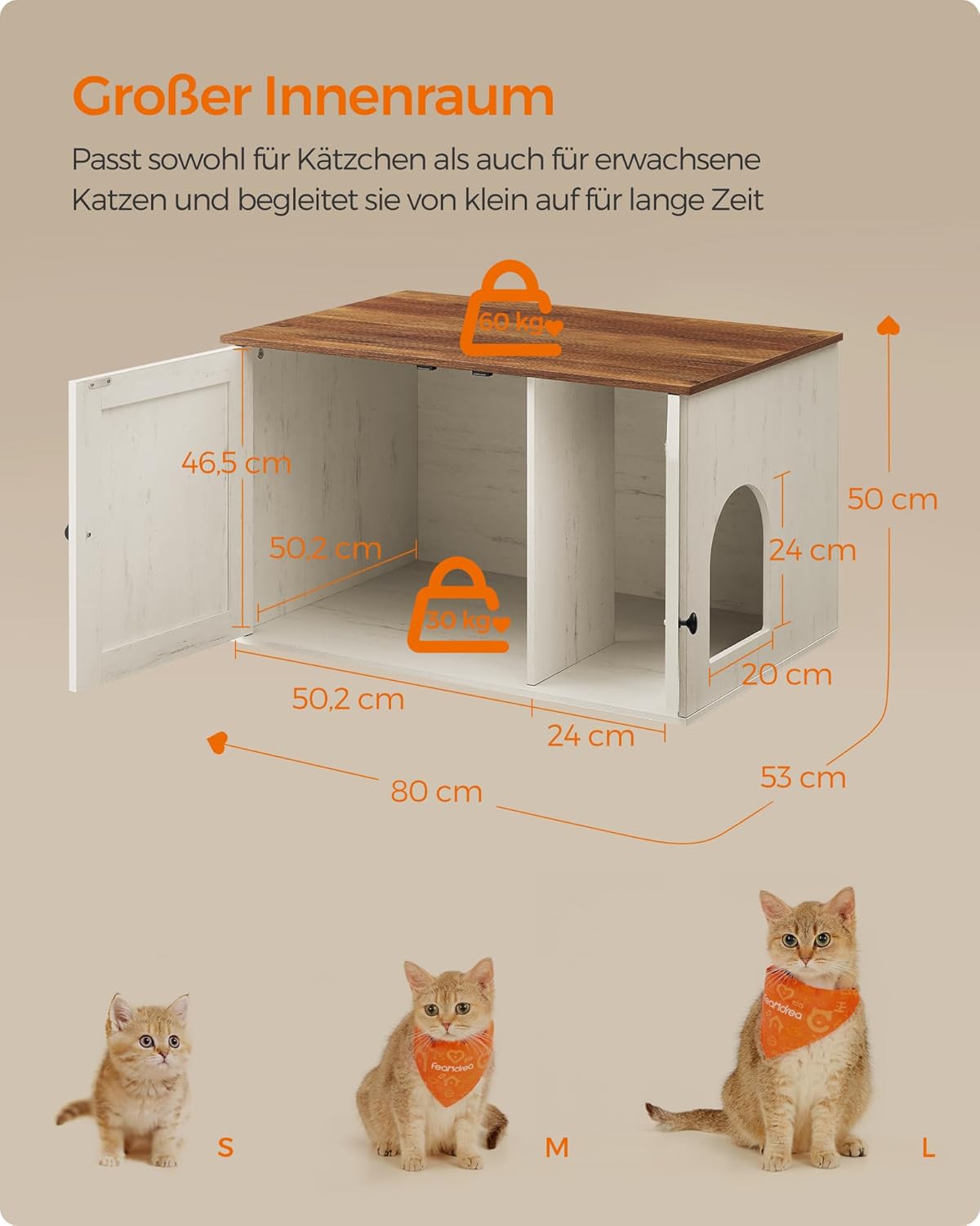 Detalle 2 de Feandrea Katzenhaus Katzenklo-Schrank mit herausnehmbarer Trennwand, 80 x 53 x 50 cm – honigbraun-vintageweiß (PCL002P01V1)