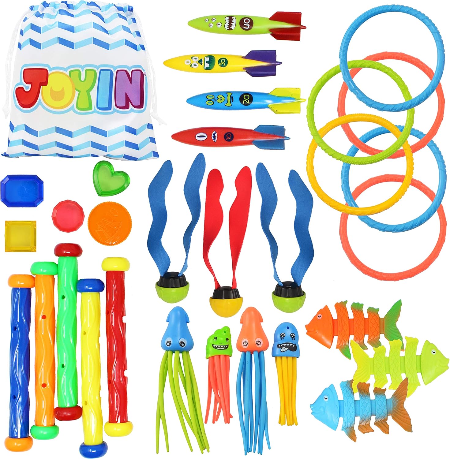 Detalle de JO YIN 30 Pcs Diving Pool Toys Set with Storage Bag – For Kids