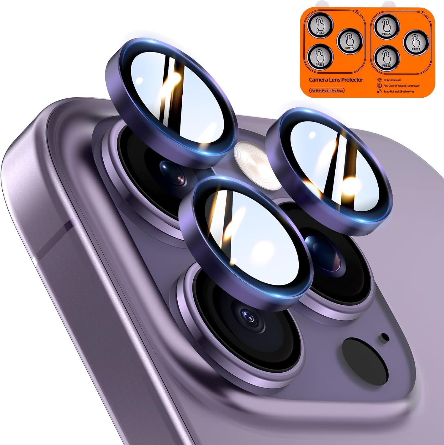 TOCOL Camera Lens Protectors for iPhone 14 Pro Max / iPhone 14 Pro — Individual Tempered Glass, Night Shooting Support, Midnight Purple