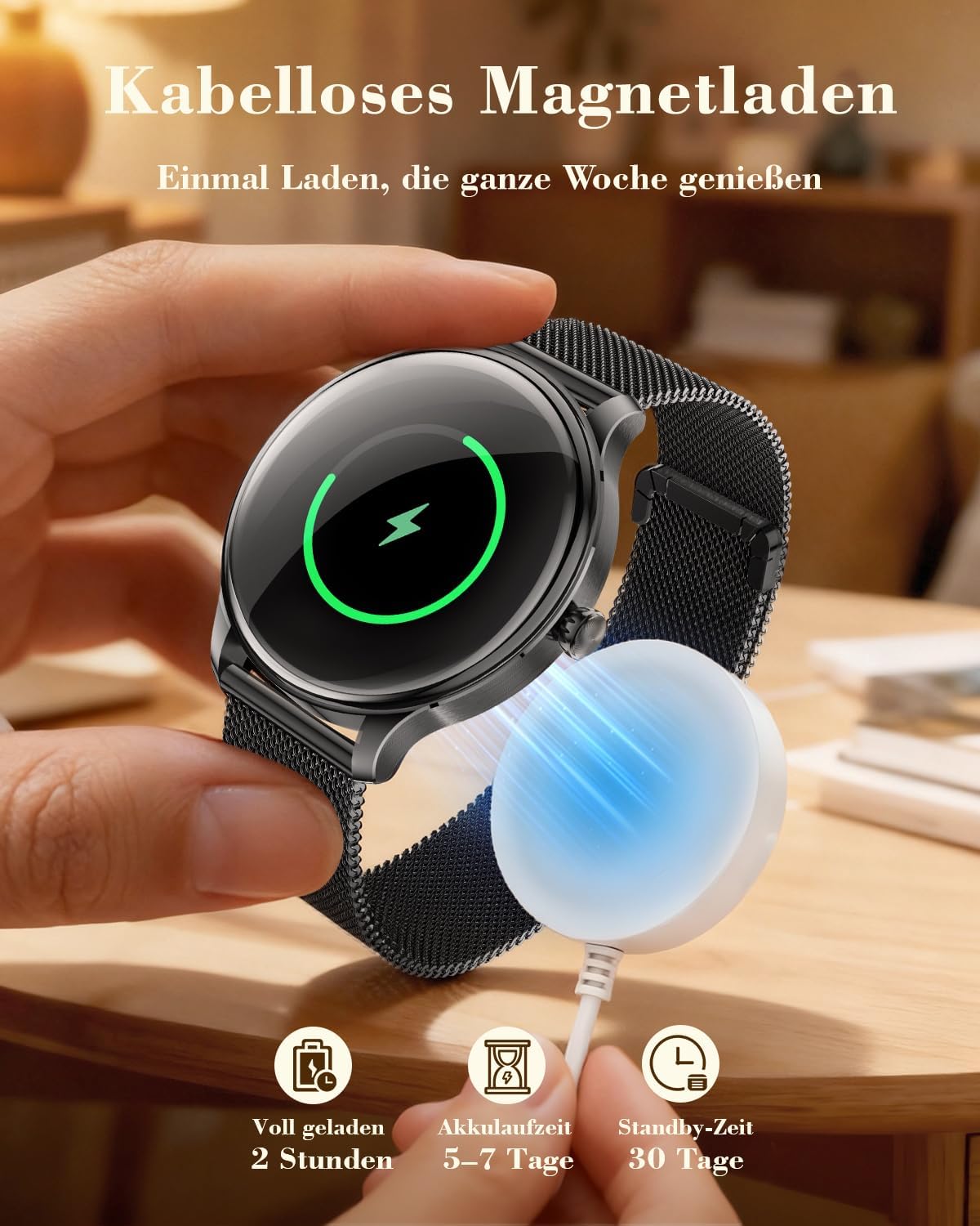 Detalle de WalkerFit Smartwatch Damen Rund 1,43" AMOLED – 120+ Sportmodi, IP68, kabelloses Laden, Bluetooth Anrufe