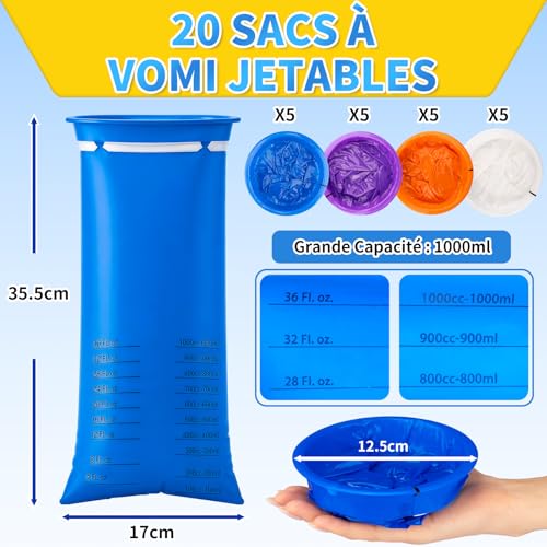Detalle de Sacs à Vomir Jetables 1000 ml TonJin – 20 pièces, multicolores, voyage et urgences