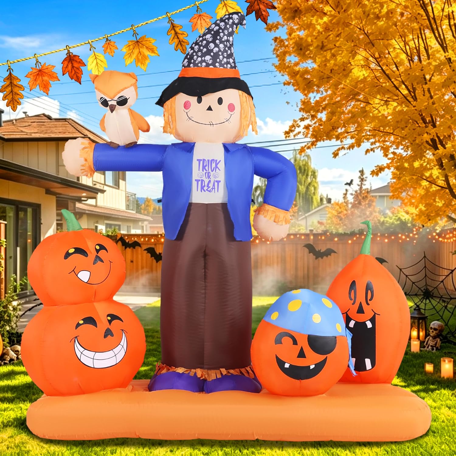 Detalle de GIFTFIND Halloween Inflatable Scarecrow with Pumpkins, Owl, and LED Lights