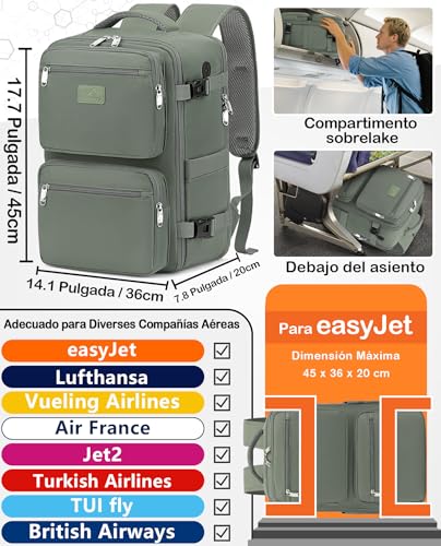Detalle de LYNXCHER Mochila de cabina 45x36x20 cm para viaje y portátil 15.6'' – Verde claro
