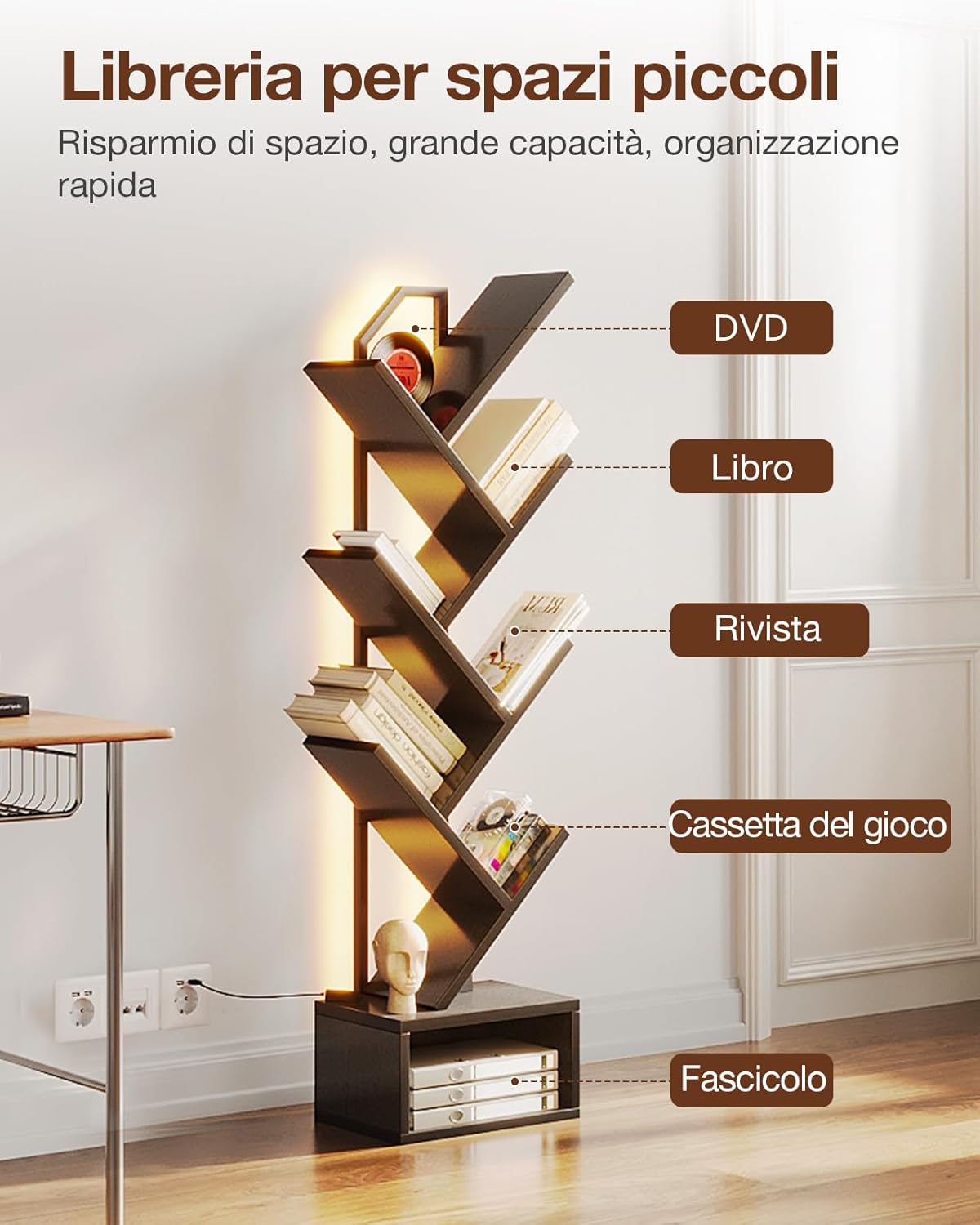 Thumbnail 1 de Coleshome Libreria ad albero a 6 ripiani con divisori e strisce LED, nero