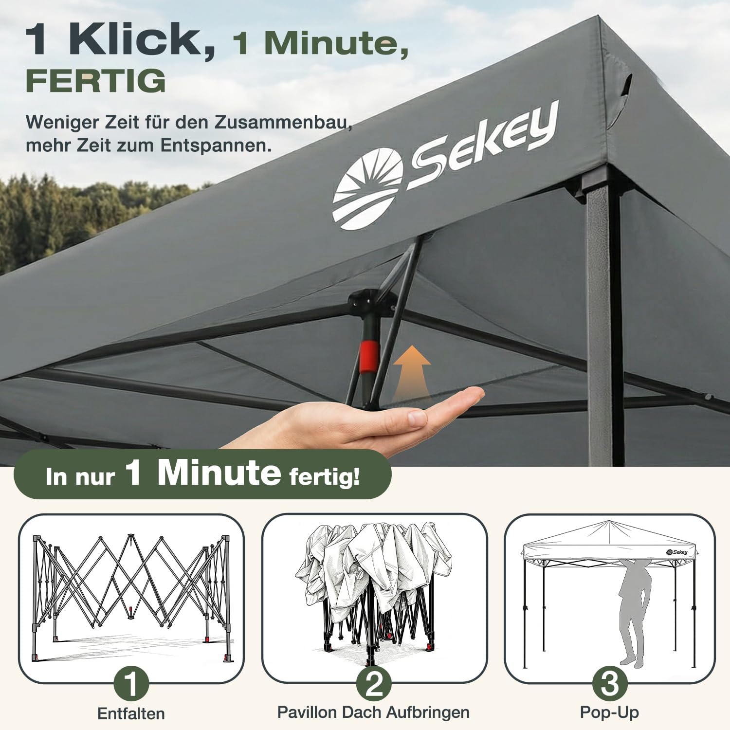 Detalle de Sekey Pop Up Pavillon 3x3: Wasserdicht, stabil und flexibel – Premium Serie Anthrazit