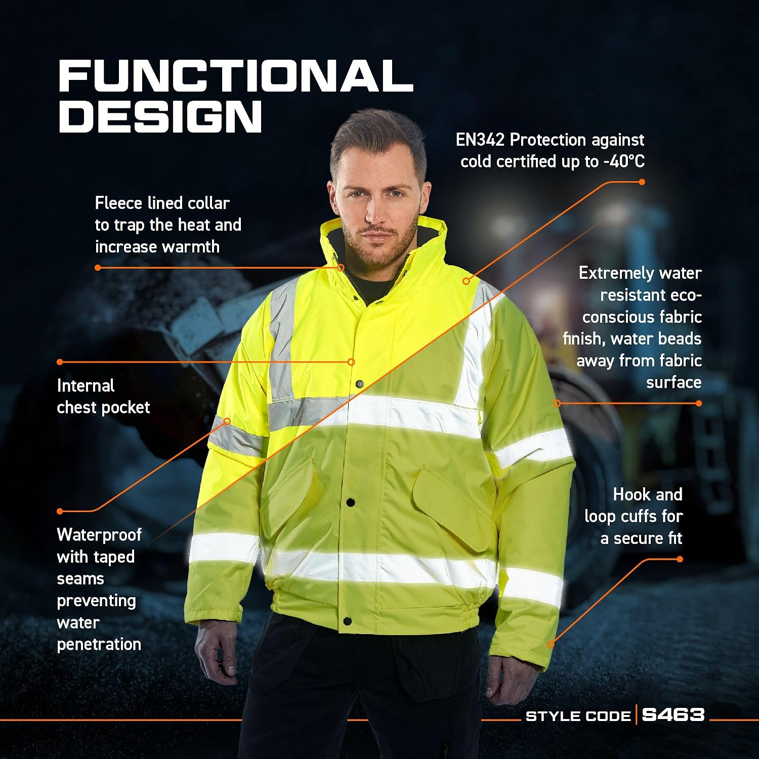 Detalle 2 de Portwest S463 Hi Vis Winter Bomber Jacket – Waterproof, Windproof and Reflective