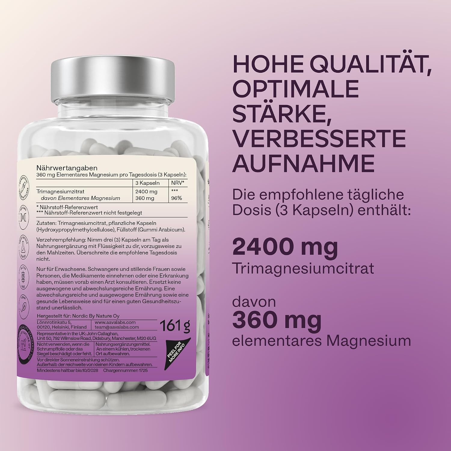 Detalle de Magnesiumcitrat Kapseln Hochdosiert 2400 mg – AAVALABS, vegan, mit hoher Bioverfügbarkeit