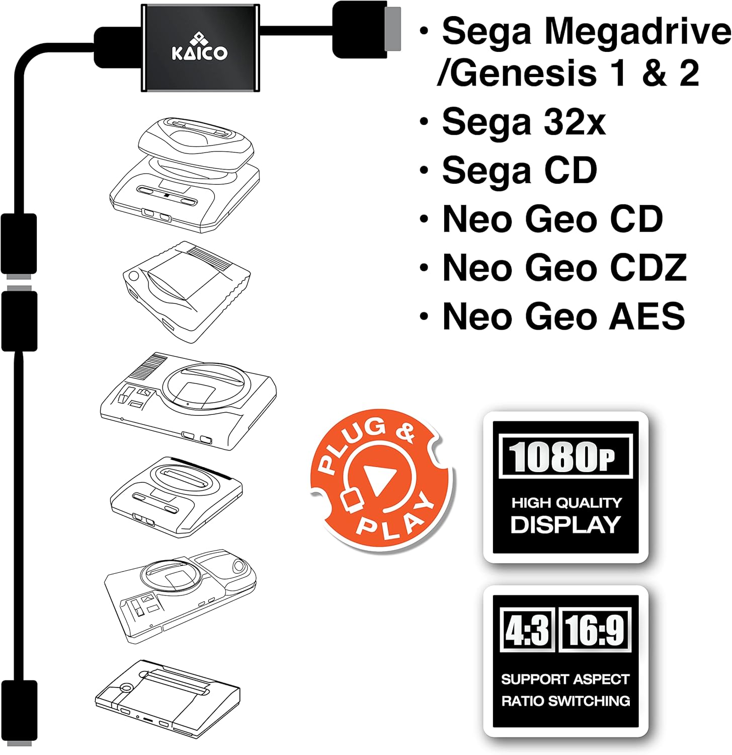 Thumbnail 3 de Kaico SEGA Megadrive 1080p HDMI Adapter for Sega Genesis (PAL/NTSC) with Aspect Ratio Switch & S Video Output