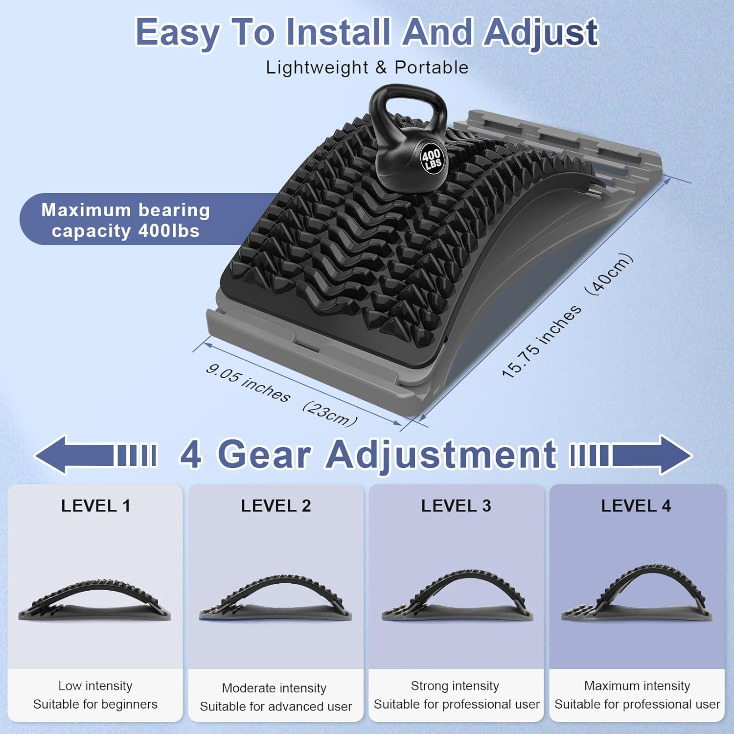 Detalle 2 de MINOLL Back Stretcher for Lower Back Pain Relief – Multiple Level Adjustable Lumbar Back Cracker Board