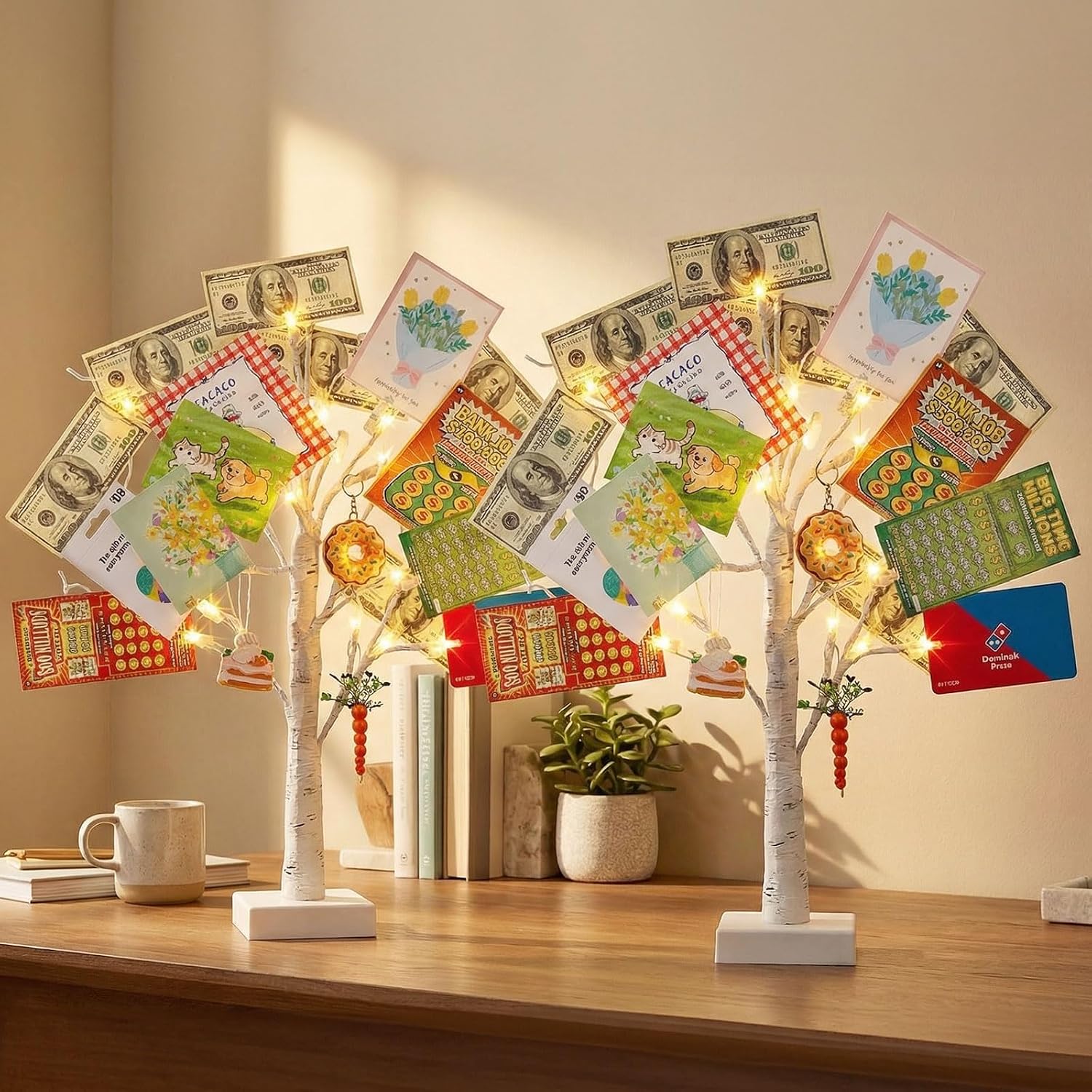 Detalle de PEIDUO Set of 2 Money Trees, 22-Inch White Gift Holders with Warm LEDs