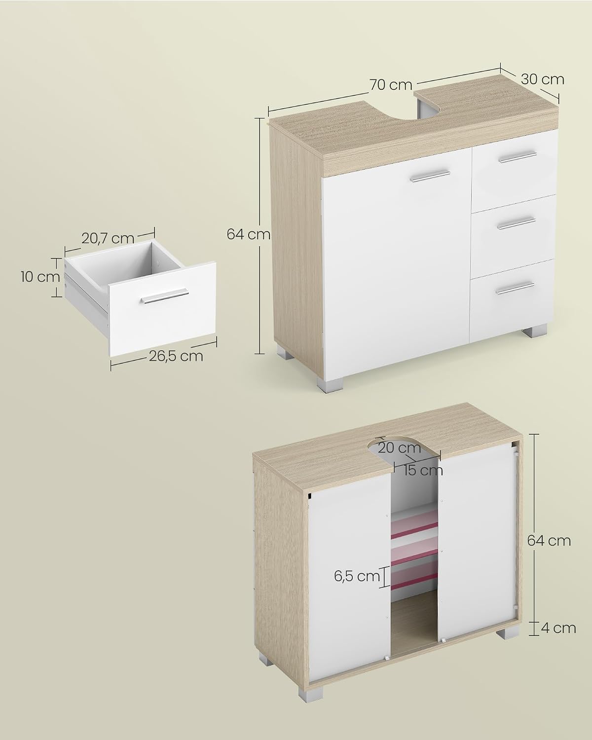 Detalle de VASAGLE CUSTOS BBK503K01 Under-Sink Cabinet, 3 Drawers and Adjustable Shelf