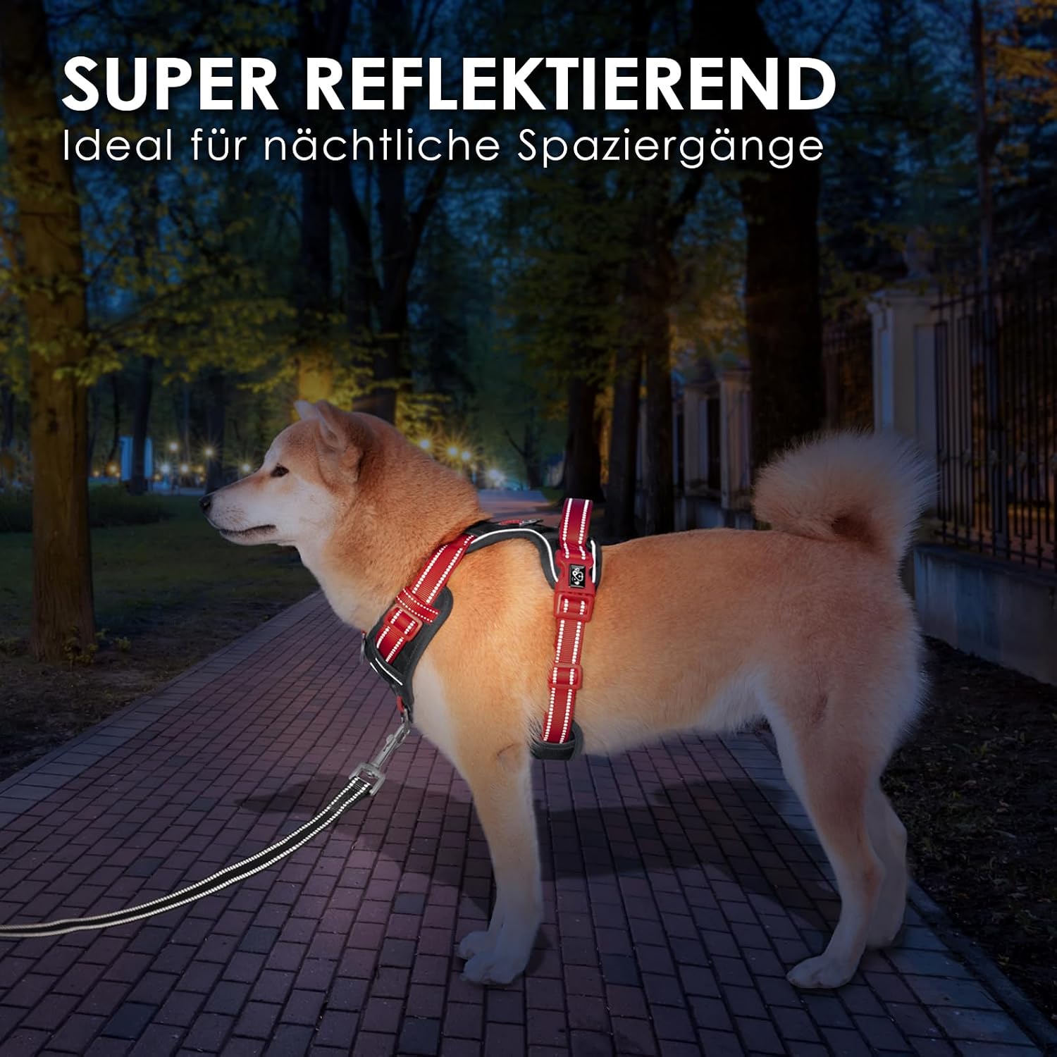 Detalle 2 de PHOEPET Anti-Zug Hundegeschirr mit reflektierenden, verstellbaren Riemen (M, schwarze Basis & rote Träger)