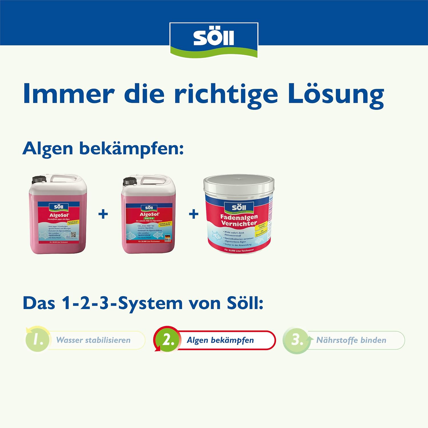 Detalle 2 de Söll AlgoSol Teichpflege gegen Algen 500 ml – effektive Algenbekämpfung mit Lichtfilter SpektroSorp