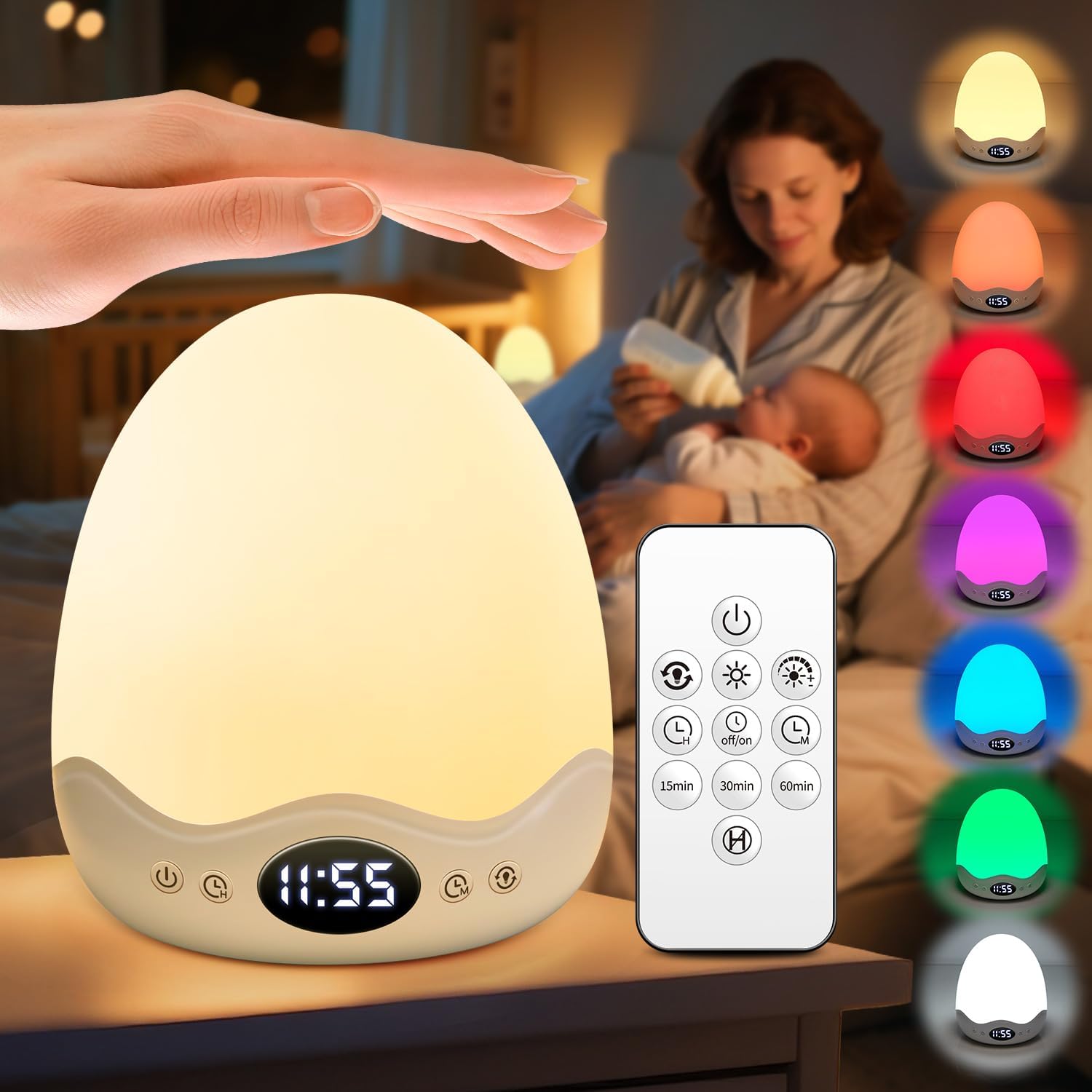 Detalle de PIKOY Egg Light Baby Night Light with Clock, 10 Colours & 10 Brightness Levels