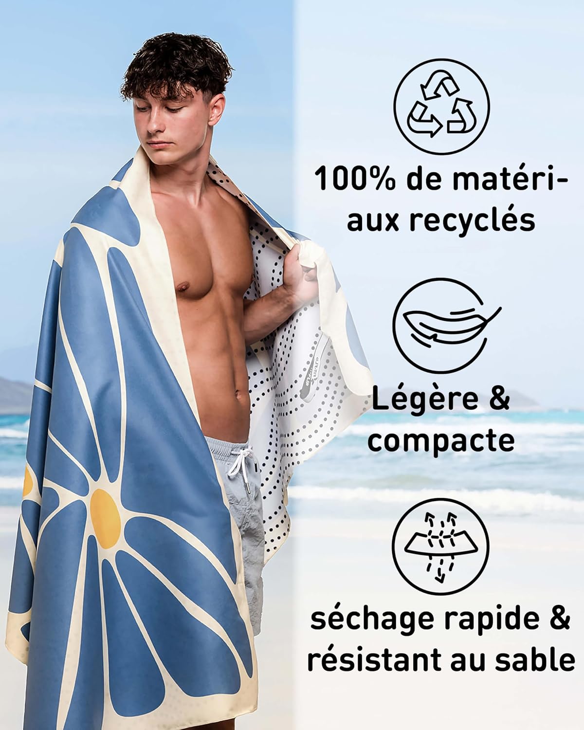 Detalle de Fit-Flip Serviette de Plage Microfibre XXL – 200 cm x 90 cm, Groovy Flowers, séchage rapide, 100% recyclée