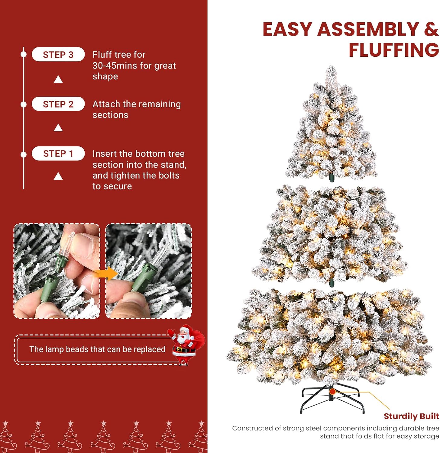 Detalle 2 de SHareconn 7 ft Snow-Flocked Pre-Lit Artificial Christmas Tree, 300 Warm White Lights