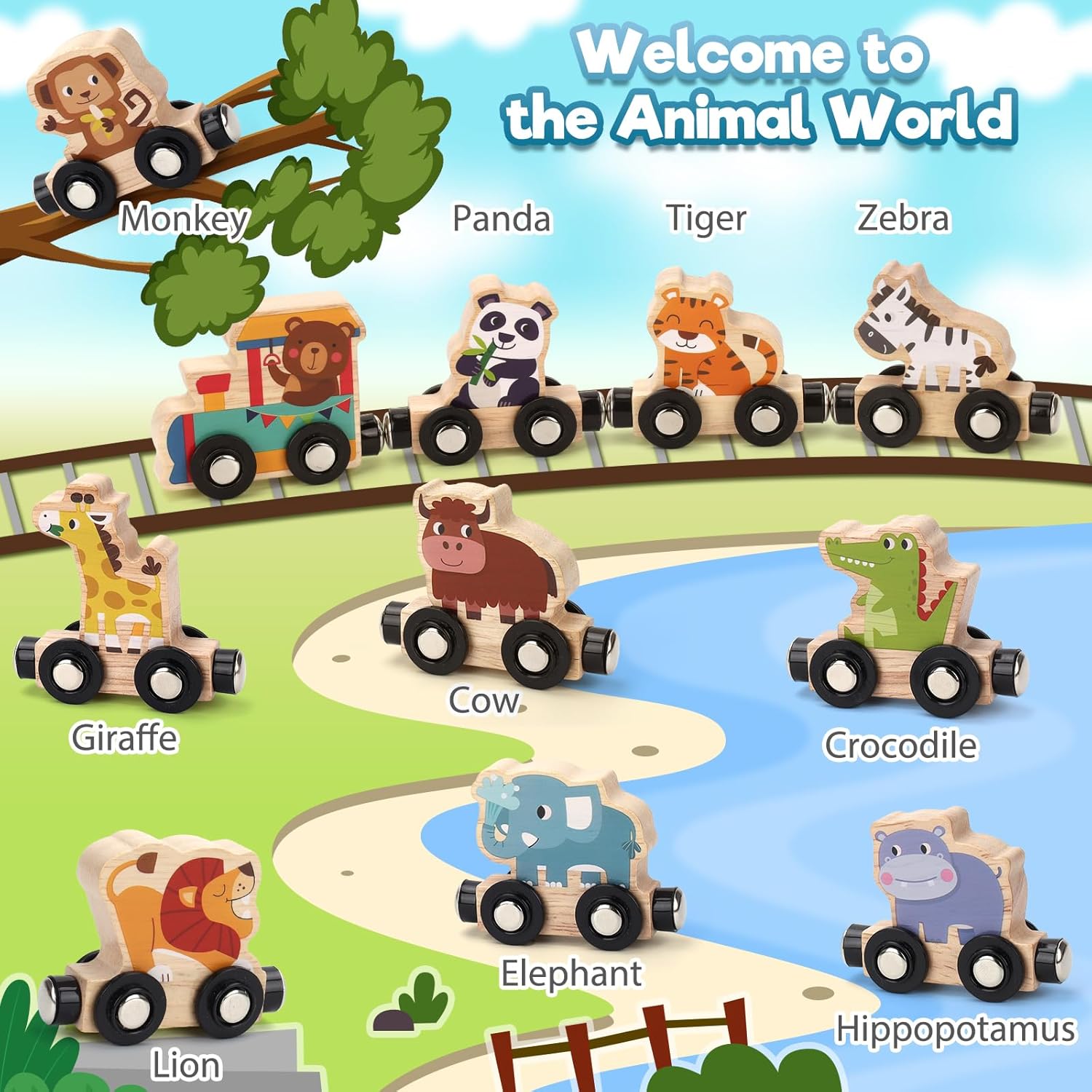 Detalle de WhizWinks Jouet enfant 2 ans : train magnétique en bois sur tapis de jeu, ferme et animaux (1-2-3-4 ans)