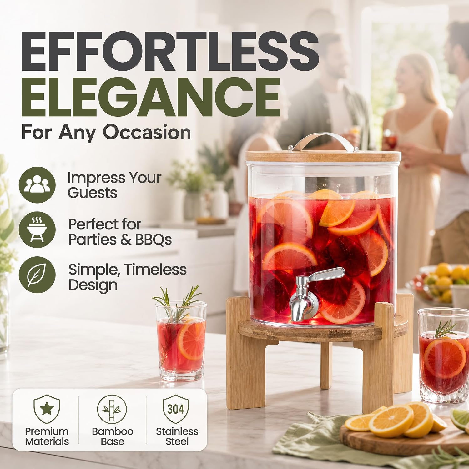 Detalle 2 de Dimono 182 5 L Glass Drink Dispenser with Tap, Bamboo Stand and Lid