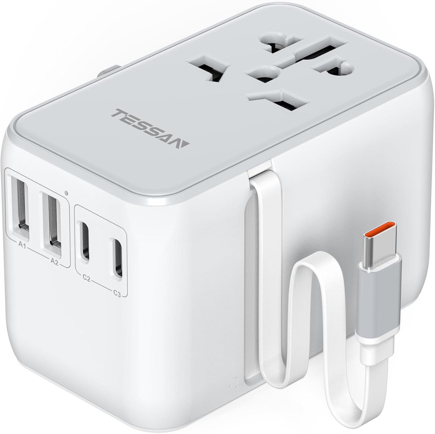 Detalle de TESSAN Universal Travel Adapter with Built-in 35W USB-C Cable (UK) for EU/US/AU
