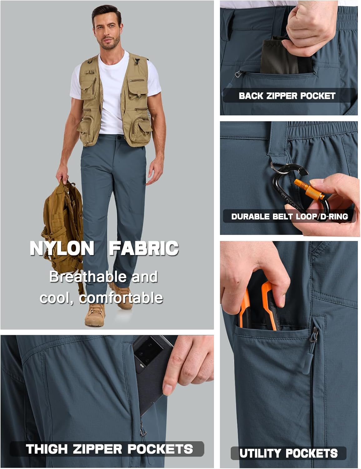 Thumbnail 4 de SPOSULEI Mens Lightweight Cargo Hiking Pants: 6-Pocket Water-Resistant Outdoor Trousers