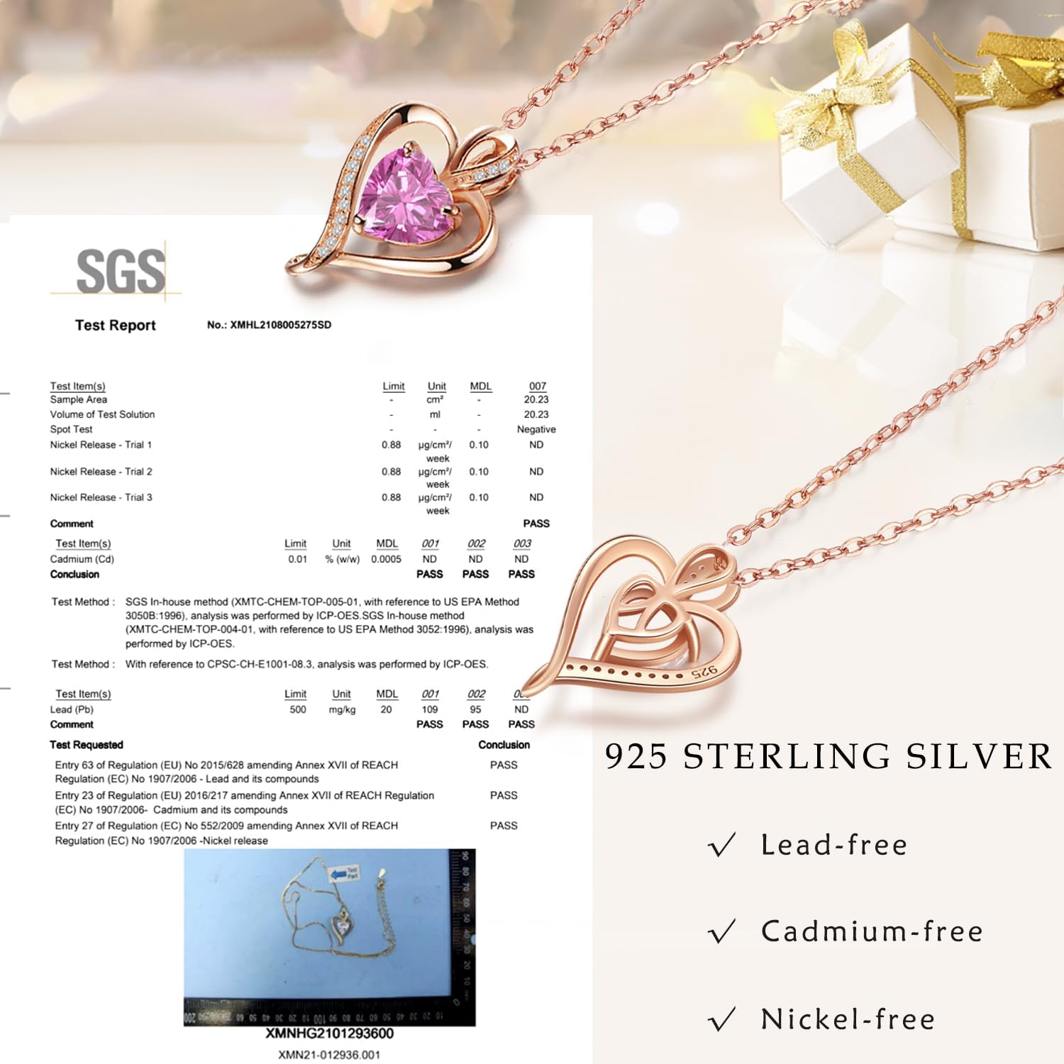 Thumbnail 4 de LAVUMO Collier Coeur pour Femme en Argent Sterling 925 et Or Rose – Pendentif Amour 8x8 mm avec Zircons