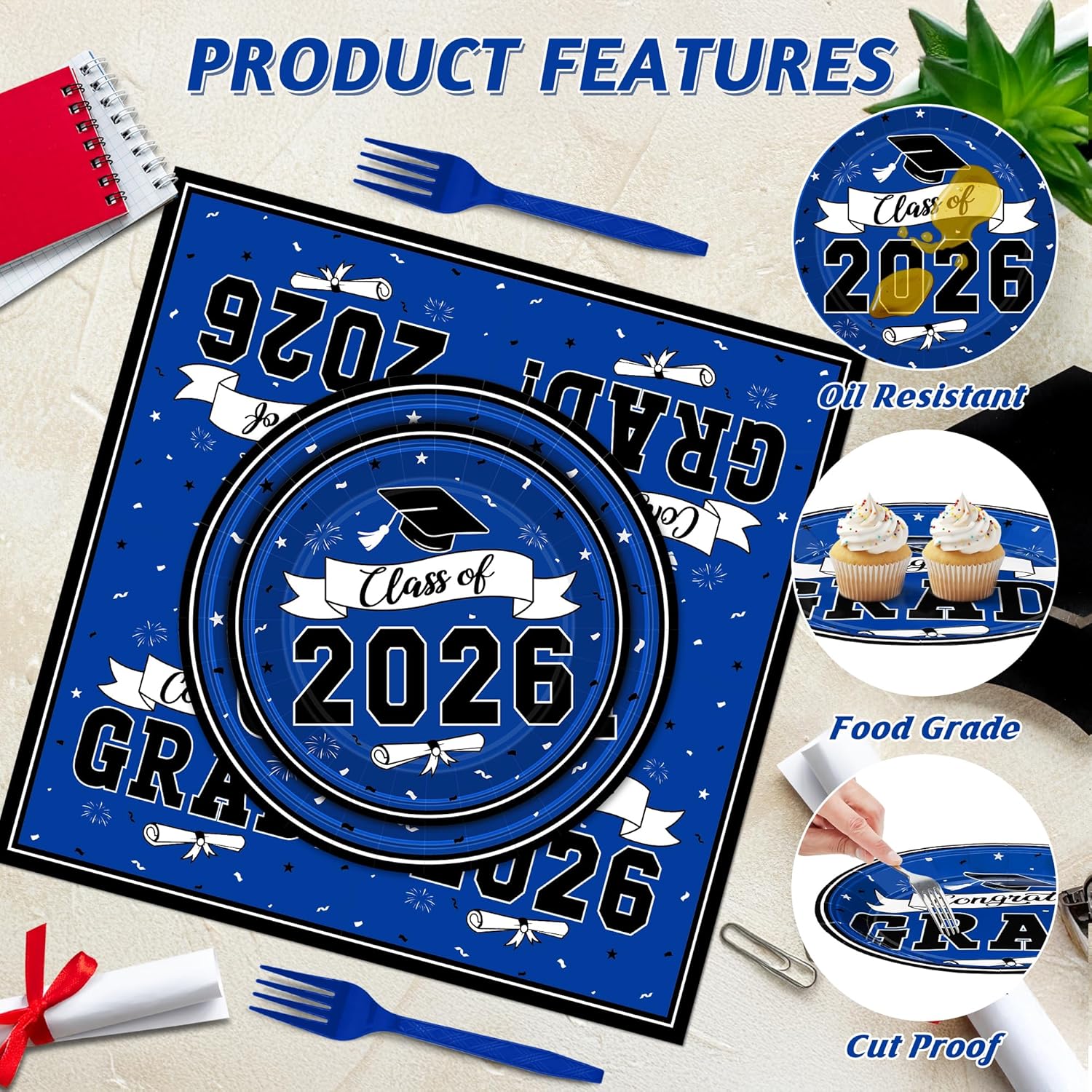 Thumbnail 2 de 122 Pcs 2026 Graduation Decorations Set: Blue Congrats Grad Dinnerware for Class of 2026 Party