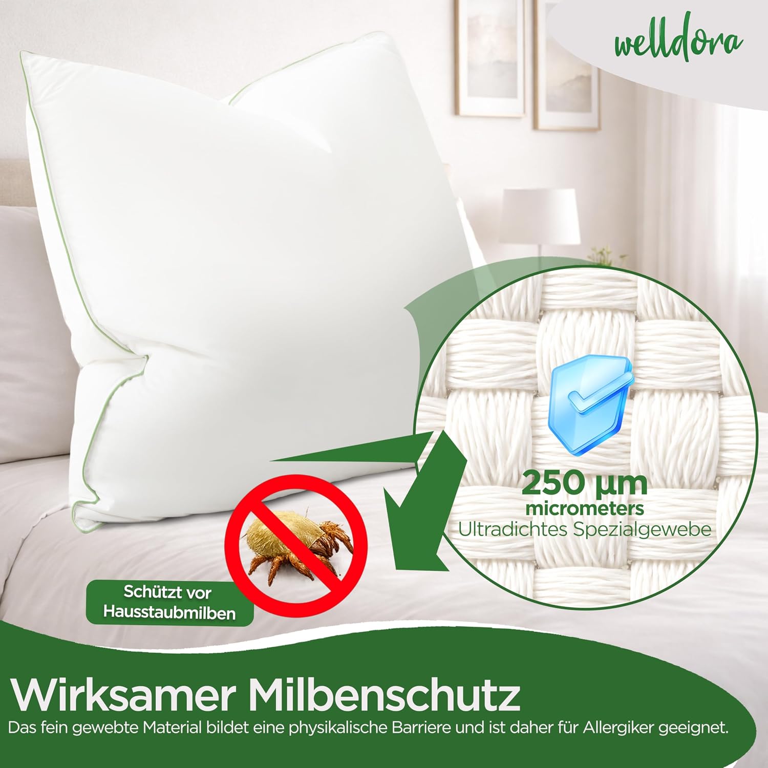 Detalle 2 de Welldora Premium Kopfkissen 80x80 (3-Kammer) mit natürlichen Daunenfasern & Federn – ergonomisch gegen Nackenspannungen