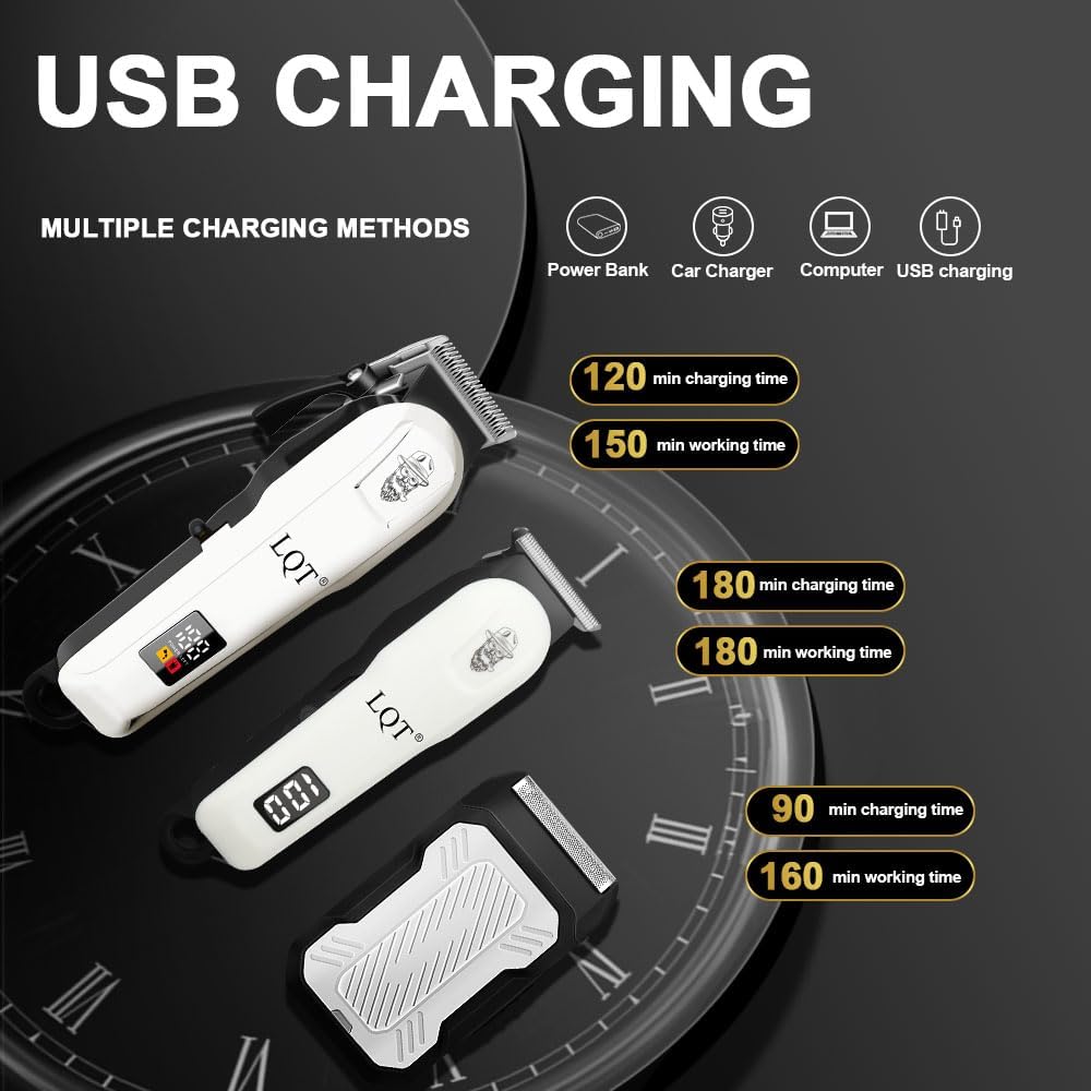 Detalle de LQT Hair Clippers and Trimmer Set, White, Stainless Steel Blades, LED Display