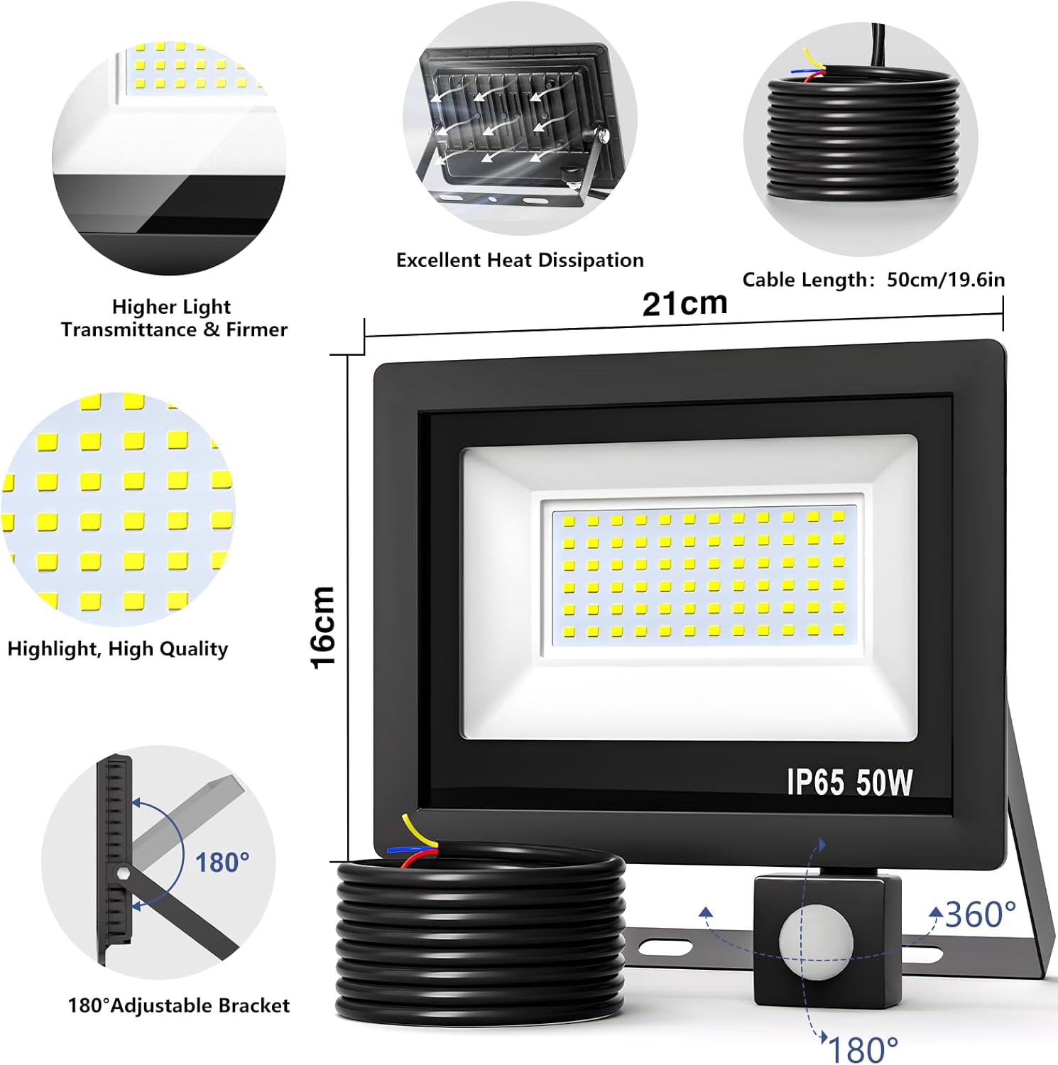 Detalle de Realky 50W Fari Led Esterno con Sensore di Movimento—Illuminazione potente e affidabile per giardino e cortile