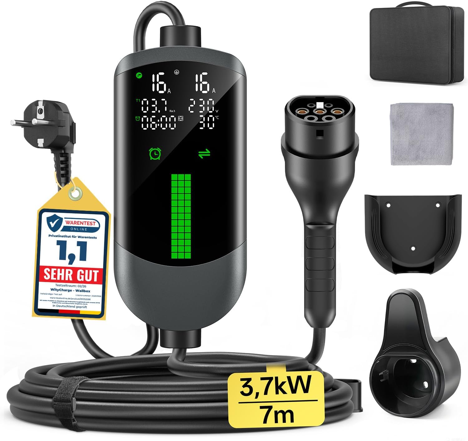 Detalle de Typ 2 Ladekabel Schuko 3,7kW – 7 m, 1-phasig, IP65, LCD-Anzeige, 6–16 A, für alle EVs (IEC 62196-2) & PHEVs